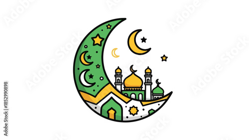 Stylized Islamic crescent moon with mosque and celestial elements in vibrant
