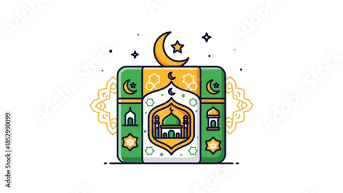 Colorful Islamic Art and Mosque Illustration with Crescent Moon and Stars