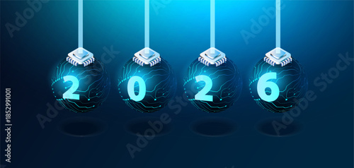2026 calendar card in ai futuristic technology style. New Year of 2026 with neon number and glow circuit sphere. Vector web banner background 2 0 2 6.