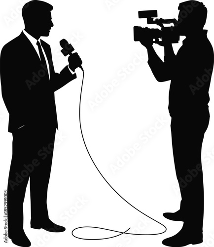 Television interview silhouette showing reporter holding microphone facing cameraman with broadcast camera black vector illustration isolated on white background studio