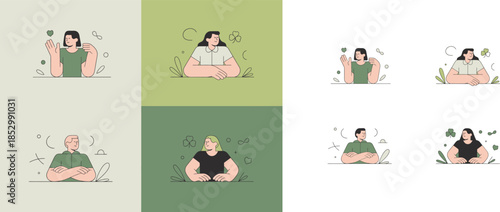 Casual portraits of men and women showing different relaxed poses surrounded by subtle green plants and clovers