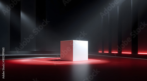 White cube on a black and red background