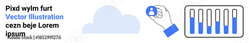 Hand selecting user profile, cloud element, and a bar chart. Ideal for data management, cloud computing, user profile management, analytics, technology, digital tools simple landing page