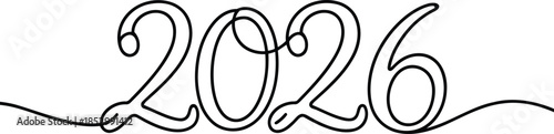 Continuous line drawing of the year 2026 on a white background, minimalist illustration