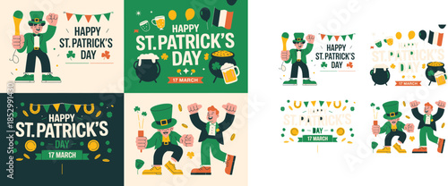 Diverse collection of St Patricks Day illustrations featuring festive characters and traditional Irish symbols