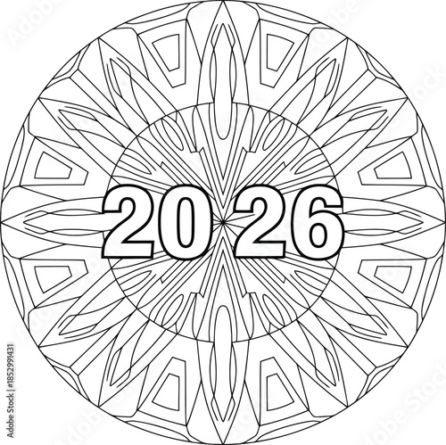 An intricate mandala design featuring the year 2026 in a circular pattern, illustrated in black and white.
