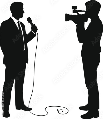 Television interview silhouette with reporter holding microphone facing cameraman filming news segment black vector illustration isolated on white background studio