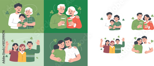 Diverse families and couples sharing warm moments, hugging and toasting with green drinks