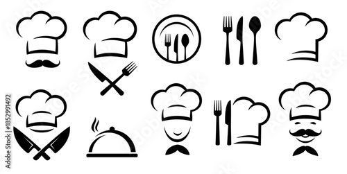 Cooking set with utensils, cook chef hat, fork, knife and spoon icons