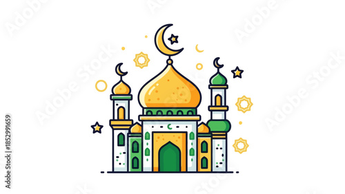 Stylized Islamic Mosque Illustration with Crescent Moons and Stars for