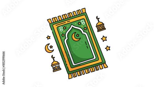 Colorful cartoon illustration of a prayer rug with crescent moons and lanterns