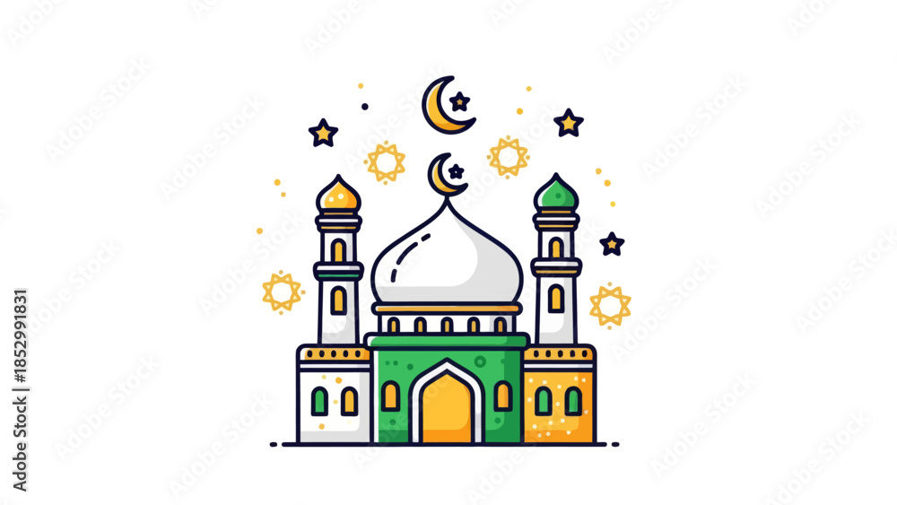 Naklejka premium Stylized Islamic Mosque Illustration Featuring Minarets and Crescent Moon
