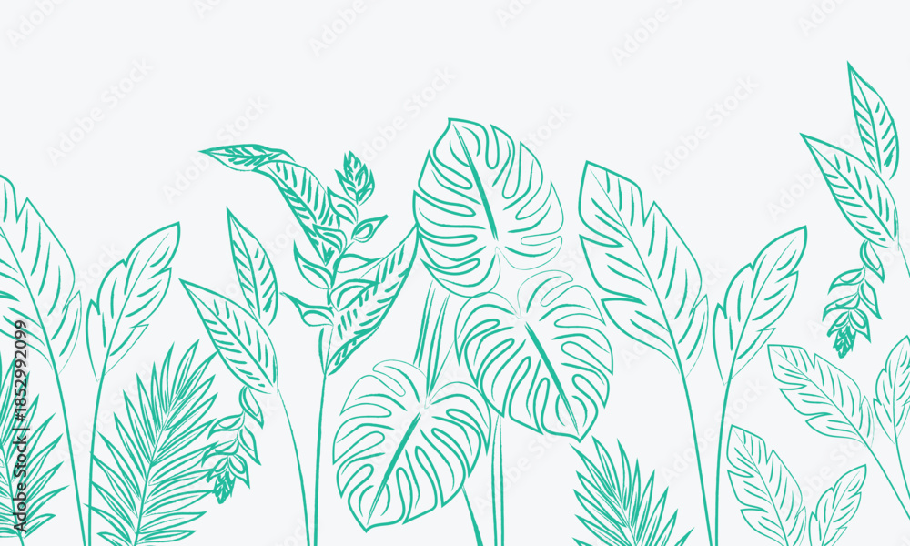 Fototapeta premium Tropical background with palm tree and monstera leaves pattern in line art style. Hand drawn design for card, banner, print, poster, cover, wedding invitation, packaging, Summer vector illustration
