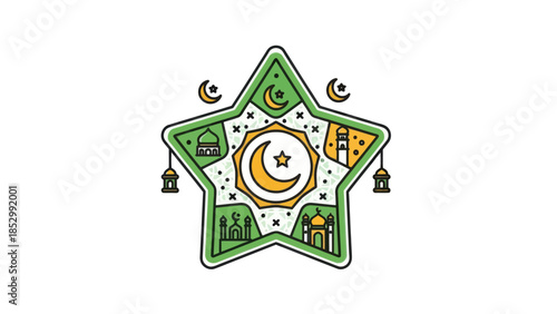 Decorative Islamic star ornament featuring crescent moons and minarets in a