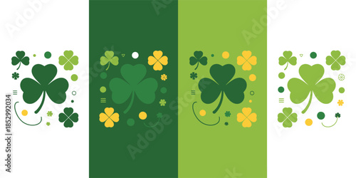Four delightful green shamrock compositions featuring various small decorative elements and patterns