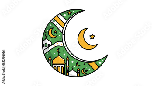 Festive Islamic Night Scene with Crescent Moon and Decorated Mosques
