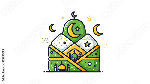 Colorful Islamic Pattern with Crescents and Starry Night Elements for Cultural