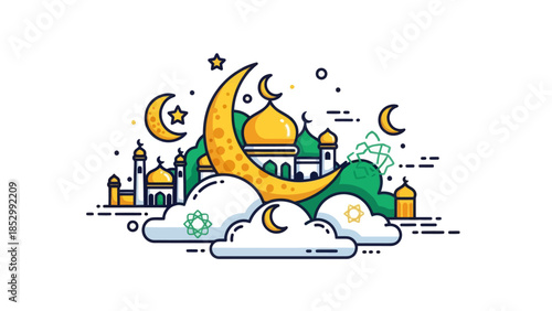 Whimsical Islamic architecture and celestial elements intertwined in a