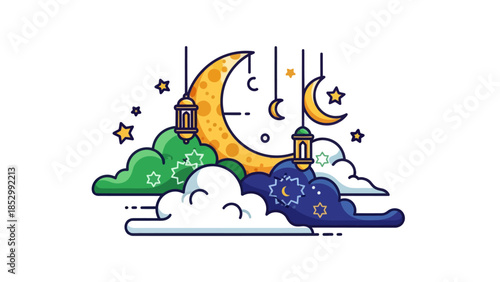 Whimsical night sky scene with crescent moons stars lanterns and clouds in