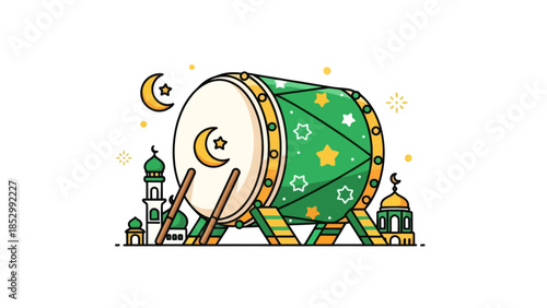 Colorful Middle Eastern Drummer with Crescent Moon and Small Mosques