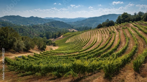 Wide view of vineyard rows on hillside demonstrating contour terracing techniques to prevent soil loss and promote healthy vine growth.