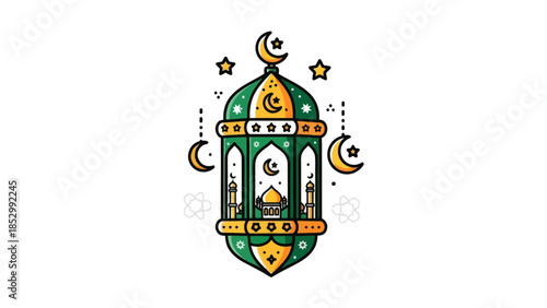 Elegant Islamic Lantern with Crescent Moons and Stars for Ramadan Celebrations