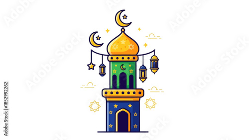 Colorful Islamic Minaret with Crescent Moons and Lanterns in Modern Illustration