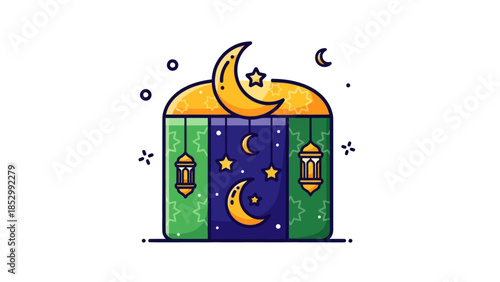 Colorful illustrated night mosque with crescent moons and lanterns for
