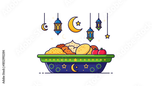 Ramadan Feast with Decorative Lanterns and Crescent Moon Assorted Dishes