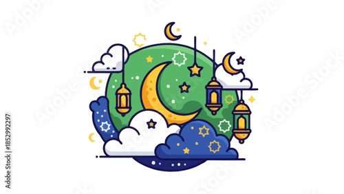 Whimsical Night Sky Scene Featuring Crescent Moons Lanterns and Clouds