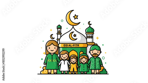 Festive Eid al-Fitr celebration with family in front of mosque with