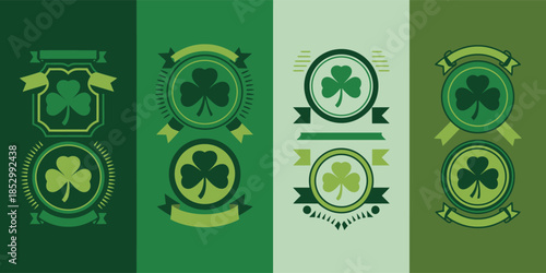 Four green panels showcasing shamrock emblems within decorative ribbons and crest inspired badges