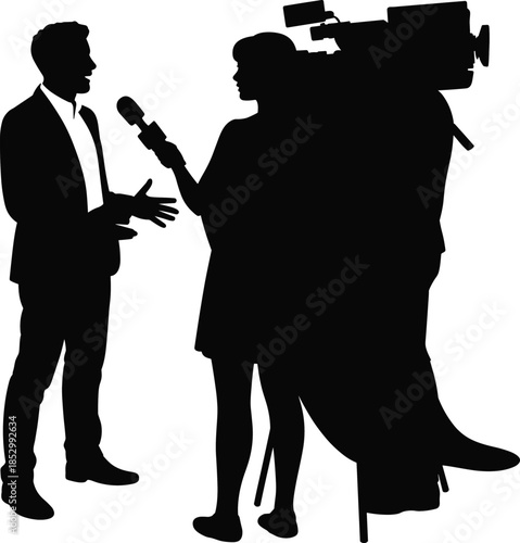 Television reporter interviewing businessman with professional cameraman silhouette black vector illustration isolated on white background modern news media concept