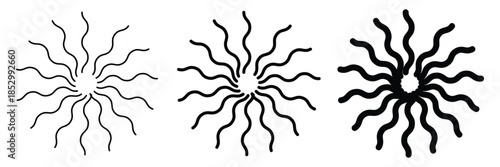 Dashed and dotted line rippled radial rounded circle. Circular line pattern resembling sunshine light rays. Eps 10