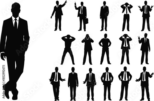 Businessman silhouette collection showing professional male poses, gestures and attitudes in corporate suits, black vector illustration set for office and leadership designs