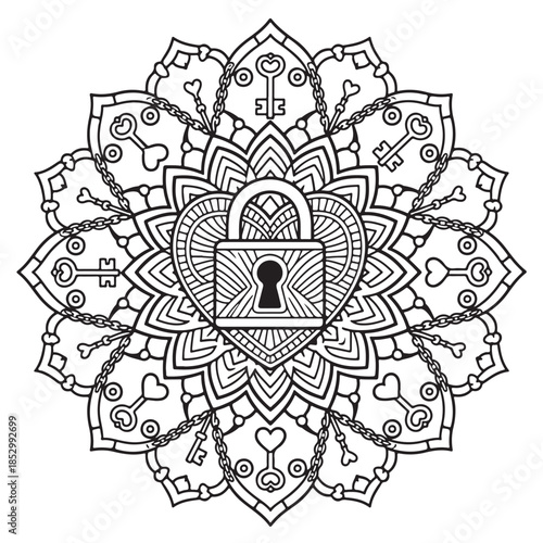 Intricate mandala design featuring a heart lock and various keys on chains