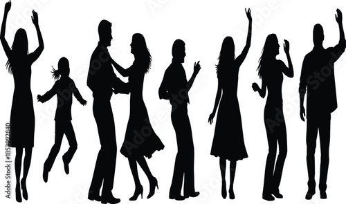 Dancing people silhouette collection featuring men women and child celebrating party moments, black vector illustration set for event designs