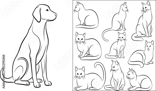Minimalist line art illustration featuring sitting dog and multiple cat poses, clean outline vector set for pets design projects