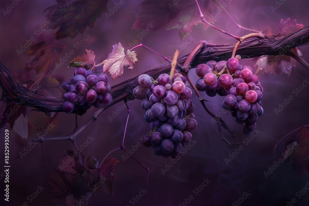 Fototapeta premium Bunches of purple grapes ripening on the vine in a misty vineyard, creating a serene autumn scene