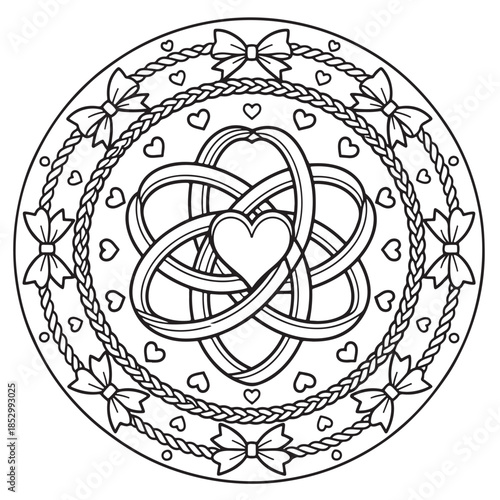 An intricate love knot mandala coloring page featuring hearts, bows, and decorative braided ropes