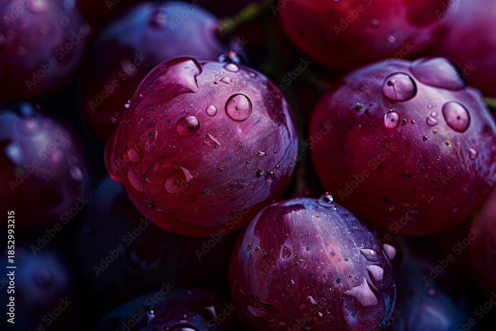 Fototapeta premium Close up of juicy red grapes glistening with water droplets, creating a vibrant and refreshing visual