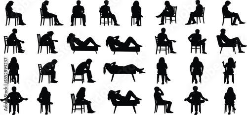Seated people silhouette collection showing men and women sitting, resting and relaxed poses, black vector illustration set for lifestyle designs