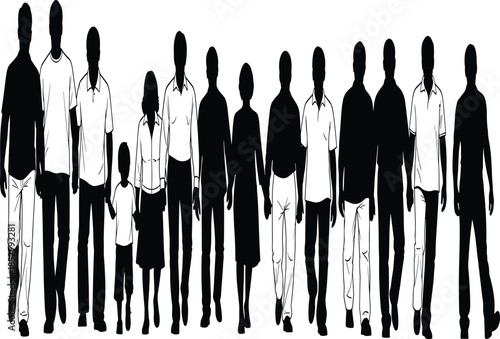 People walking silhouette collection showing diverse men women and children moving together, black vector illustration set for lifestyle, society and community designs