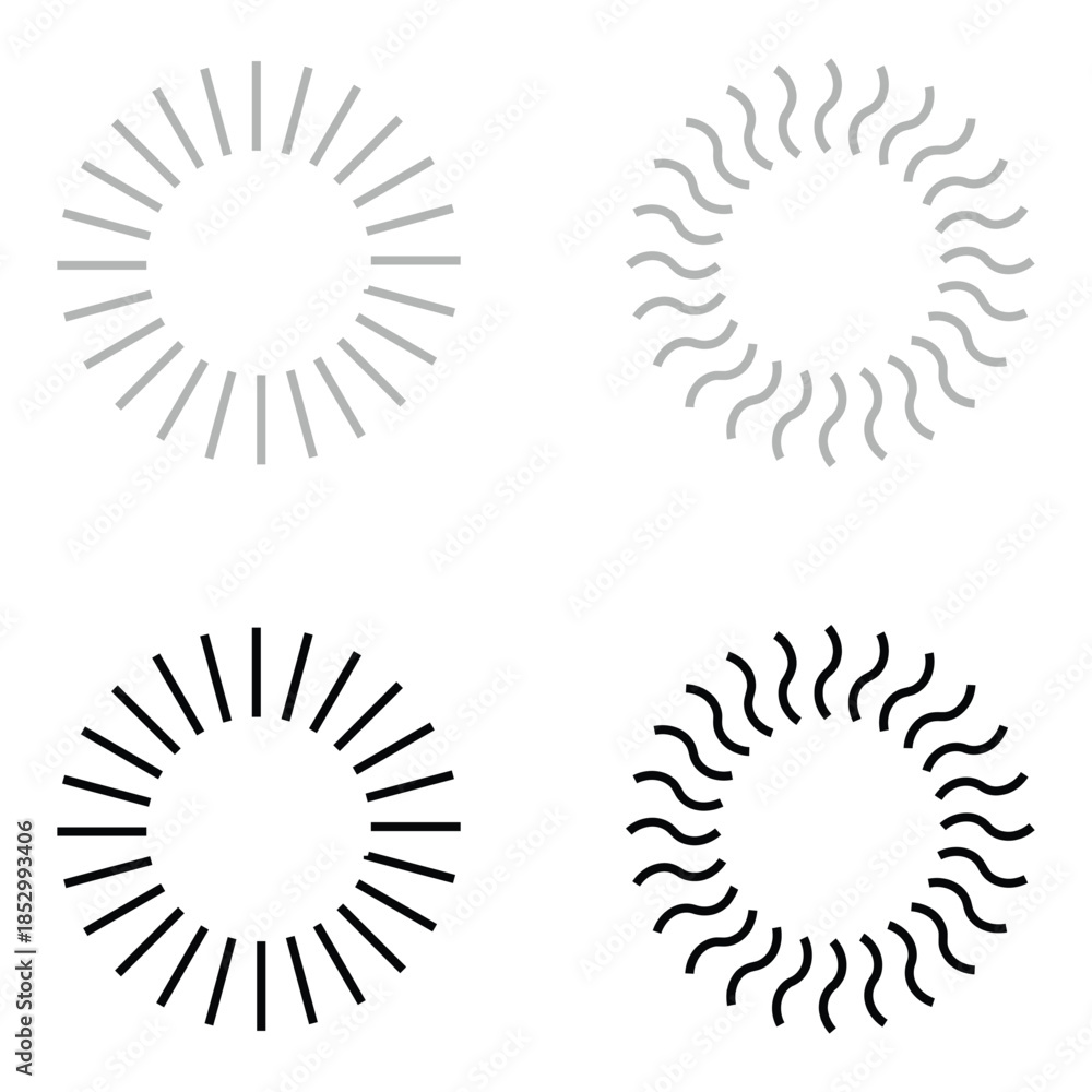 Fototapeta premium Dashed and dotted line rippled radial rounded circle. Circular line pattern resembling sunshine light rays. Eps 10