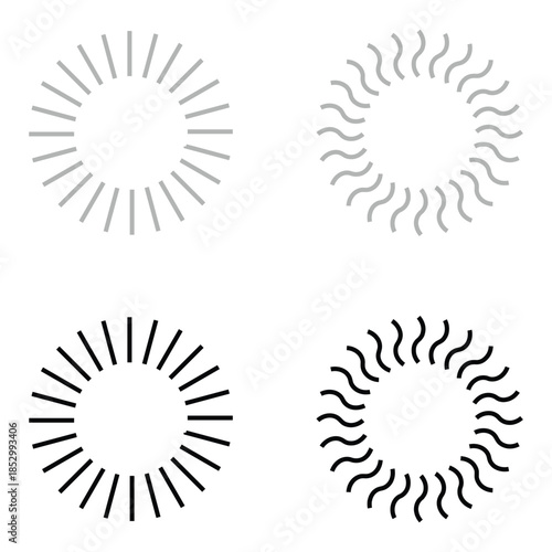 Dashed and dotted line rippled radial rounded circle. Circular line pattern resembling sunshine light rays. Eps 10
