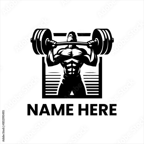Muscular Man Lifting Weights in a Rectangular Frame, Gym Workout Icon, Fitness Bodybuilder Logo Concept