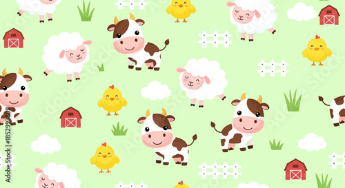Cartoon farm animal pattern featuring cows, sheep, chicks and farm elements on a light green