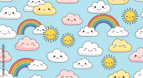 Cheerful kawaii weather pattern featuring smiling clouds suns and rainbows on blue background