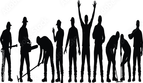 Construction workers silhouette collection showing builders with tools, teamwork and labor activities, black vector illustration set for industry and workforce designs