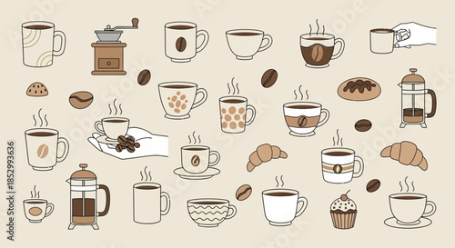 Coffee themed seamless pattern featuring various cups, beans, pastries and preparation tools,